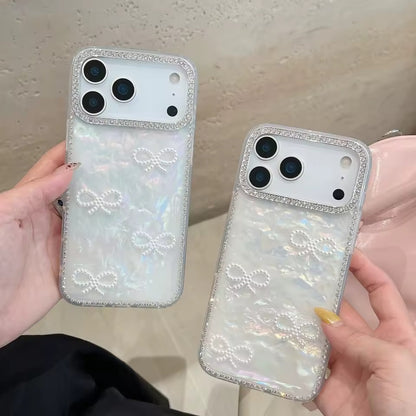 Luxury 3D Pearl Bow Bling Diamond  Phone Case For iPhone 17  Pro Max Girly Aurora Laser Acrylic Cover - AX