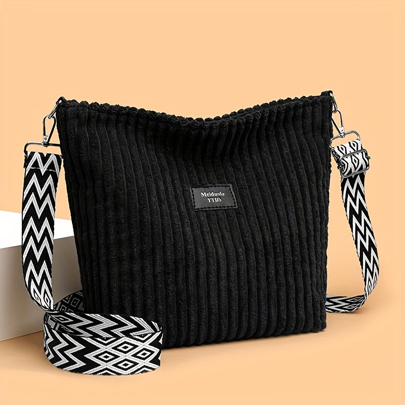 Casual Corduroy Crossbody Bag with Adjustable Strap, Lightweight Polyester Lined, Zipper Closure, Striped Pattern, Hand Washable - Fashionable Shoulder Bag for Daily Commute, Shopping, and Travel
