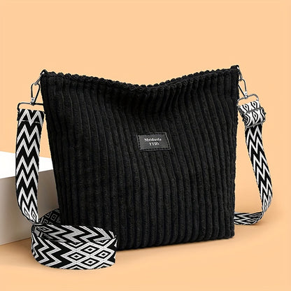 Casual Corduroy Crossbody Bag with Adjustable Strap, Lightweight Polyester Lined, Zipper Closure, Striped Pattern, Hand Washable - Fashionable Shoulder Bag for Daily Commute, Shopping, and Travel