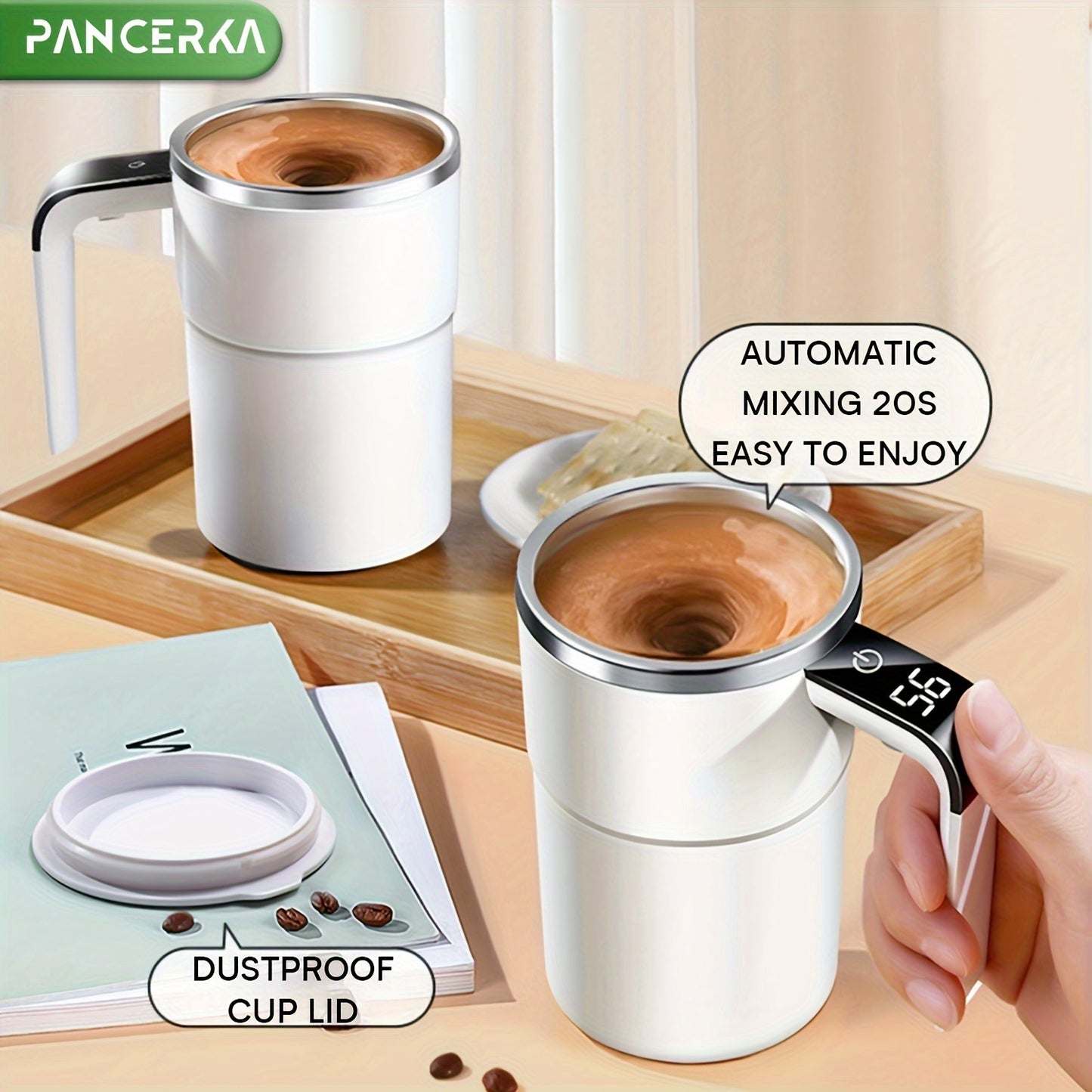 PANCERKA Rechargeable Self-Stirring Coffee Mug with Temperature Display - USB Charging, Sealed Travel Tumbler for Milk, Chocolate, Mocha