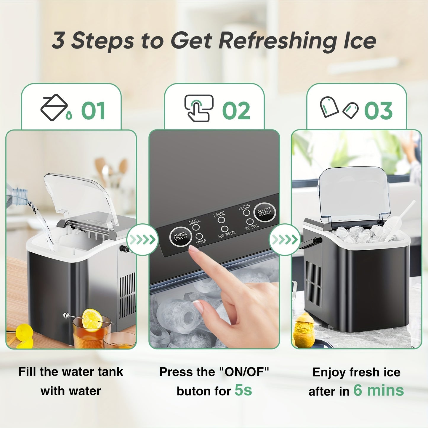 Countertop Ice Maker, Nugget Portable Ice Machine, 9 Bullet Ice Cubes in 6 Mins, 26.5lbs in 24Hrs Self-Cleaning with Handle, Basket, Scoop - For Home, Kitchen, Parties, Camping & RV - Perfect for Entertaining & Outdoor Activities