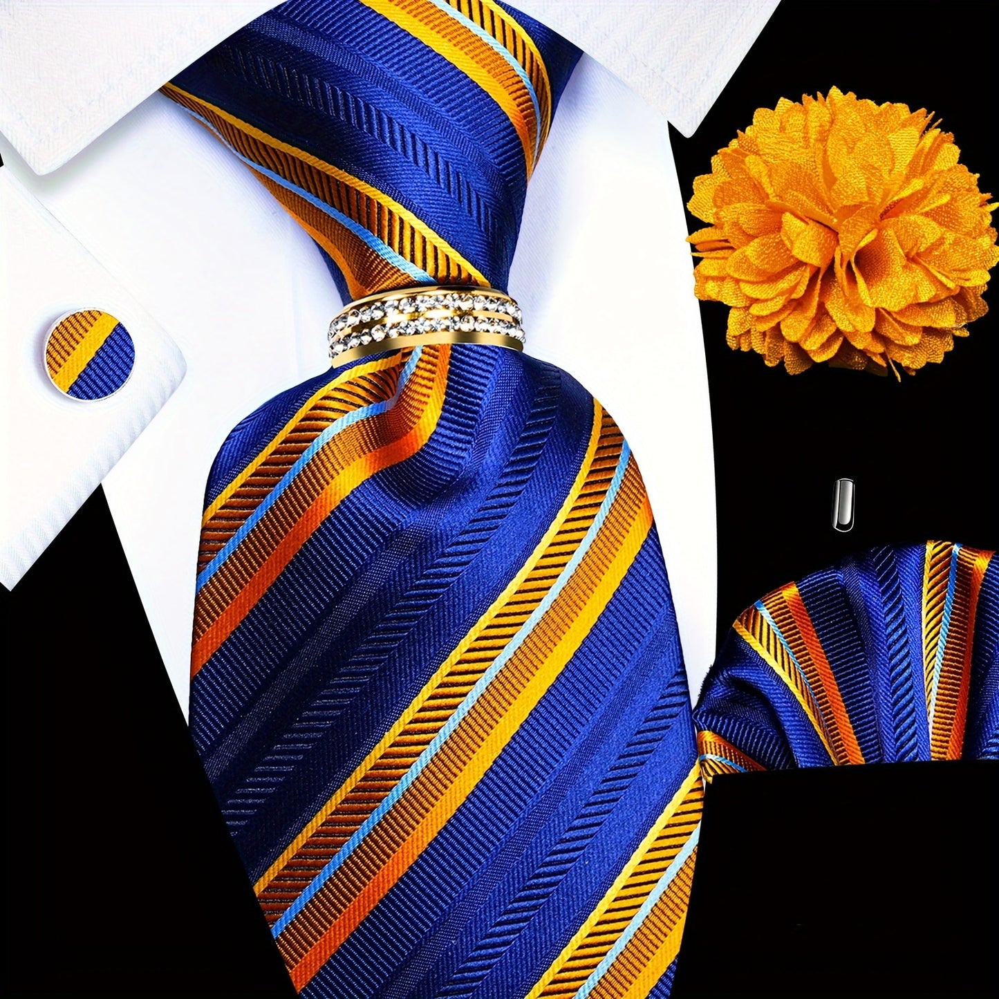 5PCS Men's Luxury Tie Set with Pocket Square, Cufflinks, Drilled Tie Ring, and Lapel Pin