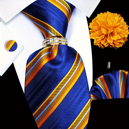 5PCS Men's Luxury Tie Set with Pocket Square, Cufflinks, Drilled Tie Ring, and Lapel Pin
