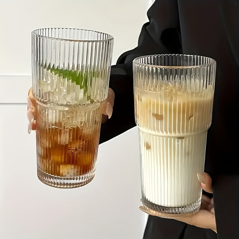 KEMORELA Large Striped Glass Cup with Lid - Insulated, Reusable for Cold Drinks, Juice & Coffee - Ideal for Home, Office, and Holiday Gatherings