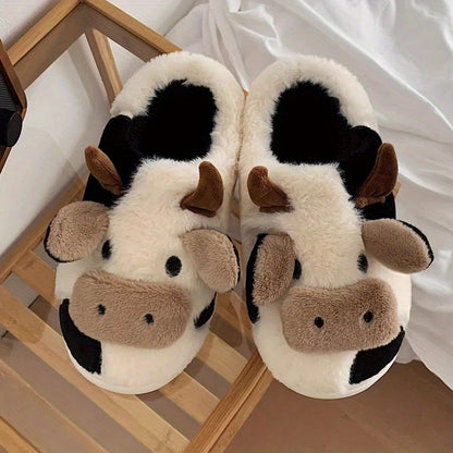 Women's Cartoon Cute Cow House Slippers - Warm Plush Lined Closed Toe Fuzzy Home Slides - For Women - Perfect for Cozy Winter Nights & Relaxing at Home - Ideal Gift for Cow Lovers & Friends