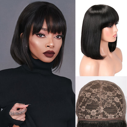 Straight Short Bob Wig With Bangs 100% Human Hair Full Machine Made Bob Wigs Glueless Straight Wigs For Women 180%