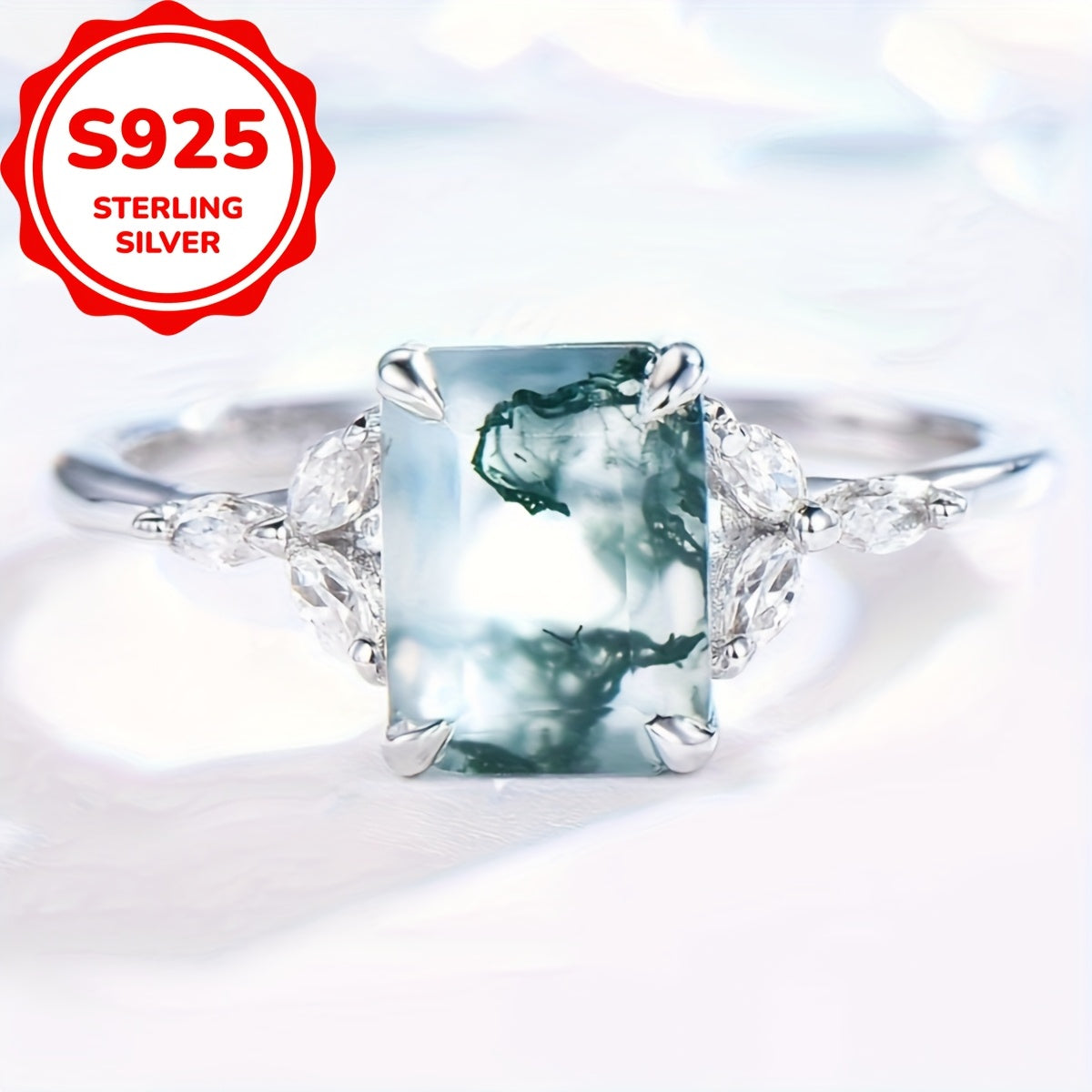 An S925 pure Silvery unique natural water grass agate ring with niche design for women, fashionable and elegant, suitable for marriage and engagement, 2.8g