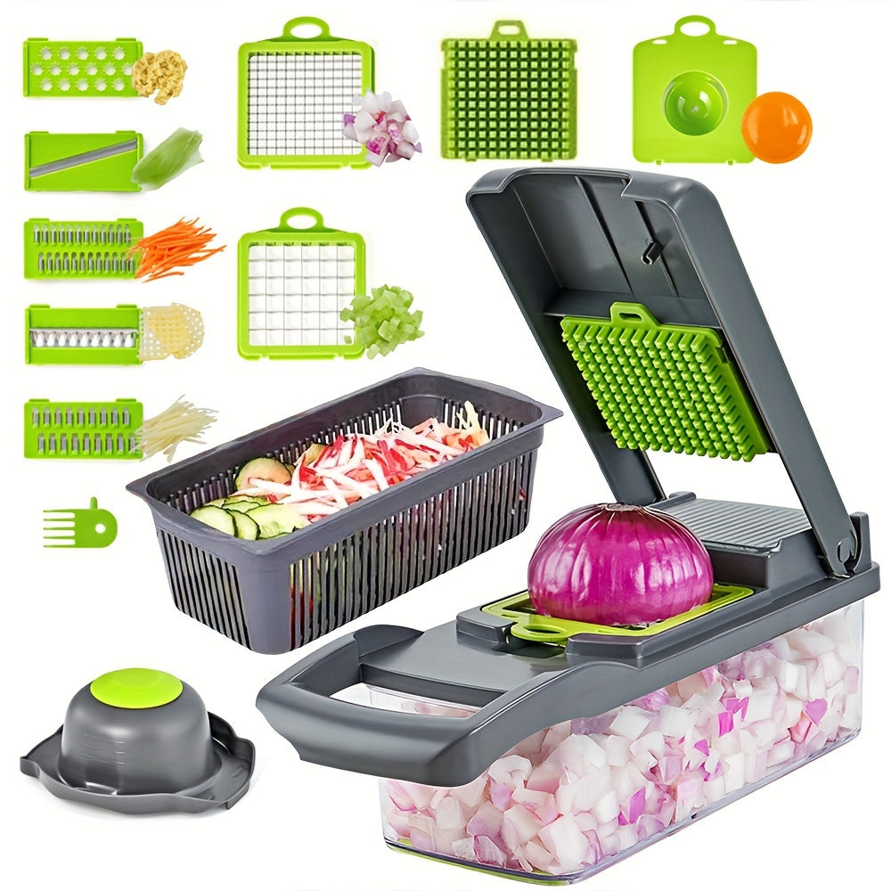 16pcs/26set Multifunctional Vegetable Slicer and Chopper with Interchangeable Blades - Easy to Cut, Dice and Shred Vegetables, Professional Onion Chopping, Suitable for 8 Blades Fast Food Preparation Slicer, Including Container