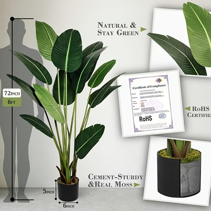 6ft Tall Artificial Bird Of Paradise Home Decor, 6ft Tall Artificial Floor Plant Fake Silk Banana Leaf Tropical Tree, Pot for Indoor Outdoor Living Room (6ft Tall)