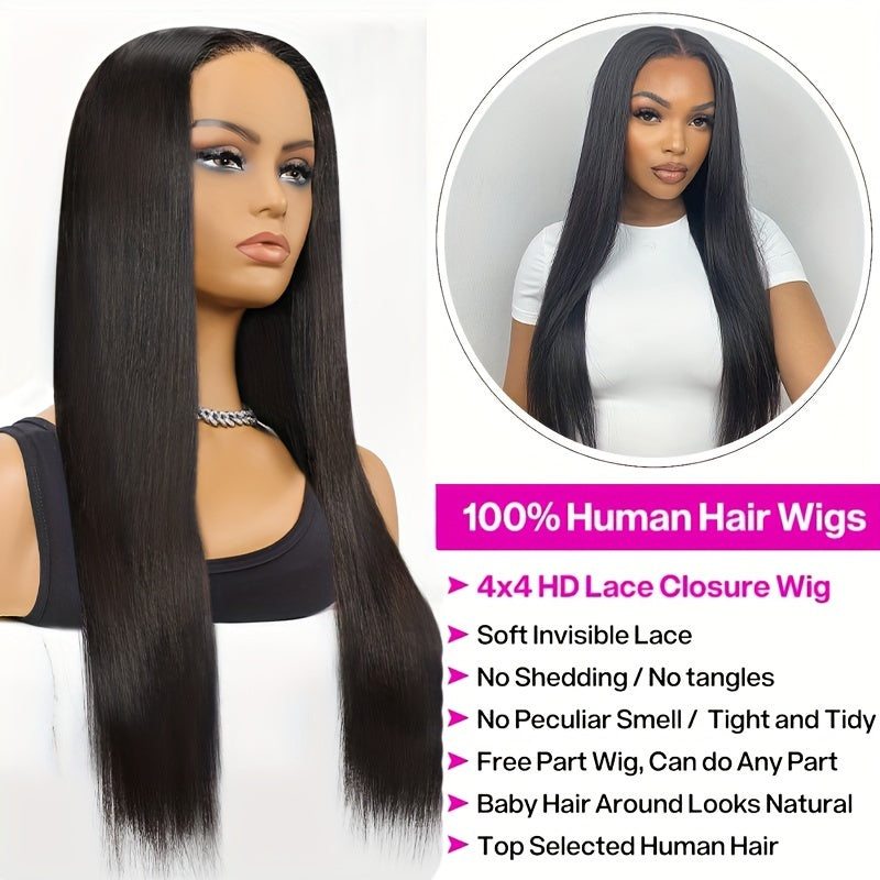 150% Density Straight Human Hair Wig With 4x4 HD Transparent Lace Front Closure - Perfect For Women