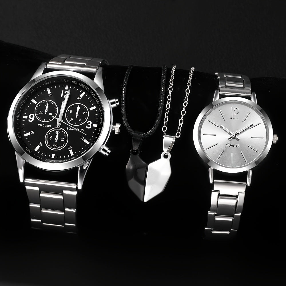 4pcs Chic Couples' Quartz Watch Set with Steel Bands & Magnetic Heart Necklaces