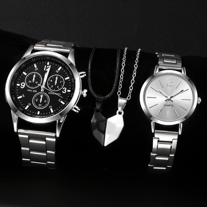 4pcs Chic Couples' Quartz Watch Set with Steel Bands & Magnetic Heart Necklaces