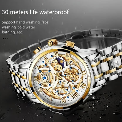 Noble Luxury Business men's Watch Stainless Steel Strap. Fashion Creative Gear Dial Luminous Calendar Quartz Watches. Suitable for family gatherings as gifts