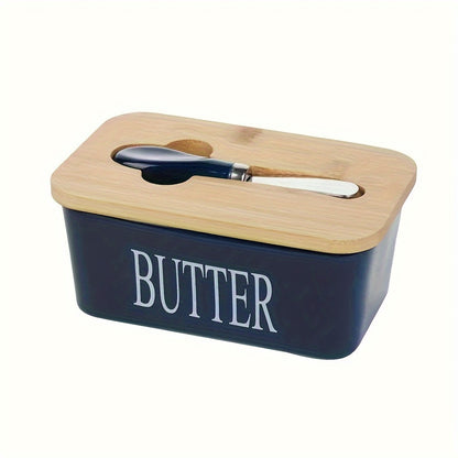 1pc Ceramic Butter Dish Set with Bamboo Lid and Knife - Airtight Silicone Sealed Butter Keeper for Kitchen Countertop and Refrigerator - Ideal for Baking and Gifting