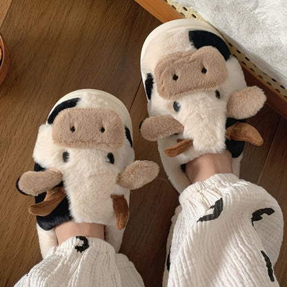 Women's Cartoon Cute Cow House Slippers - Warm Plush Lined Closed Toe Fuzzy Home Slides - For Women - Perfect for Cozy Winter Nights & Relaxing at Home - Ideal Gift for Cow Lovers & Friends