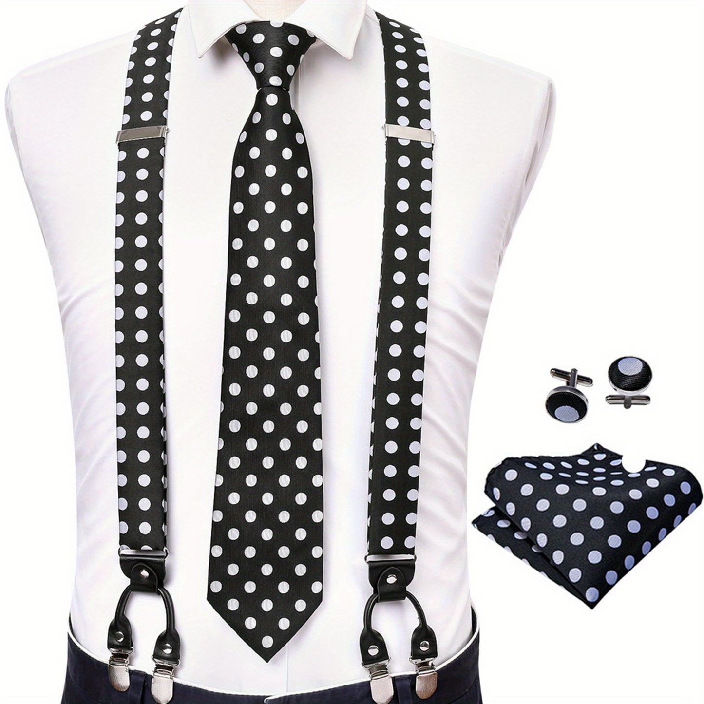 Men Jacquard Adjustable 6 Clips Suspender Neckties Pocket Square Cufflinks