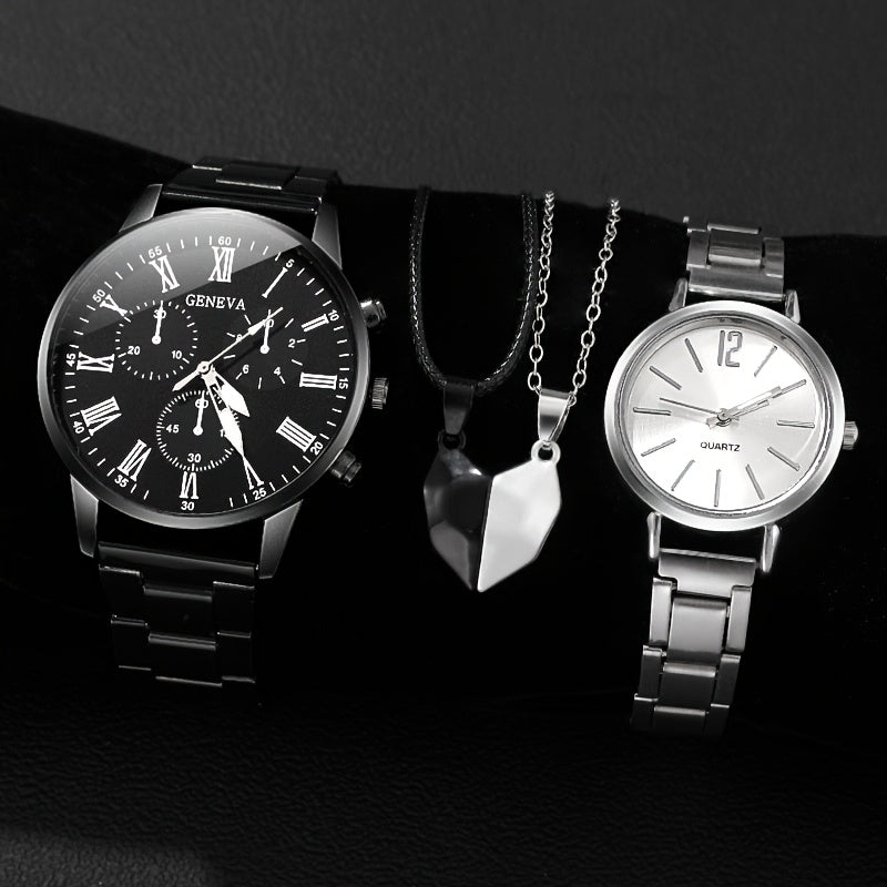 4pcs Chic Couples' Quartz Watch Set with Steel Bands & Magnetic Heart Necklaces