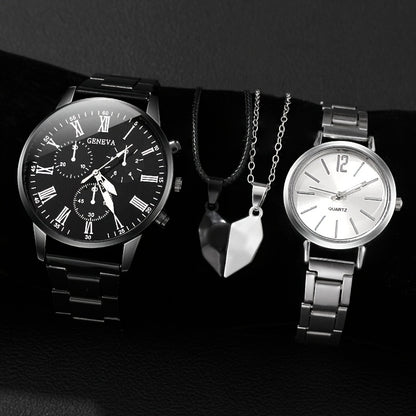 4pcs Chic Couples' Quartz Watch Set with Steel Bands & Magnetic Heart Necklaces