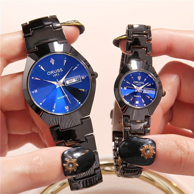 2pcs ORUSS Elegant Lovers' Watches - Sleek Black with Blue Dial