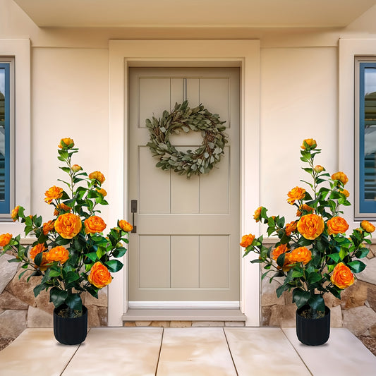 2pcs 3-foot Artificial Camellia Tree Potted Plant With Decorative Pebbles, Flower Pot, 24 Bright And Full Realistic Flowers, 188 Leaves, Suitable For Indoor, Outdoor, Office, Garden Courtyard, Porch, 35.43 Inch Spring Home Plant Decoration