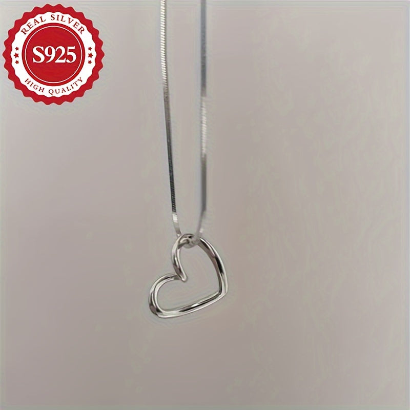 S925 Sterling Silver Heart Pendant Necklace for Women, Simple Luxury Style, Silver Plated, Hypoallergenic, Lightweight 3.4g, Clavicle Chain for Daily and Party Occasions