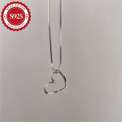 S925 Sterling Silver Heart Pendant Necklace for Women, Simple Luxury Style, Silver Plated, Hypoallergenic, Lightweight 3.4g, Clavicle Chain for Daily and Party Occasions