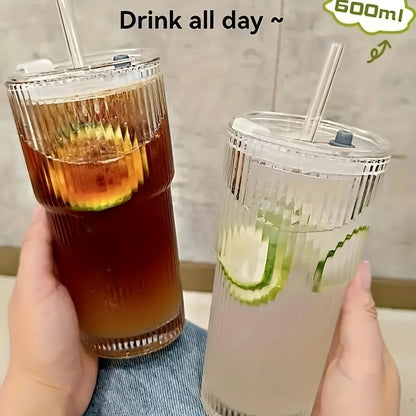 KEMORELA Large Striped Glass Cup with Lid - Insulated, Reusable for Cold Drinks, Juice & Coffee - Ideal for Home, Office, and Holiday Gatherings