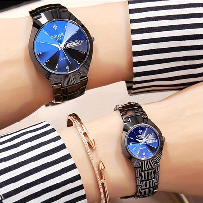 2pcs ORUSS Elegant Lovers' Watches - Sleek Black with Blue Dial