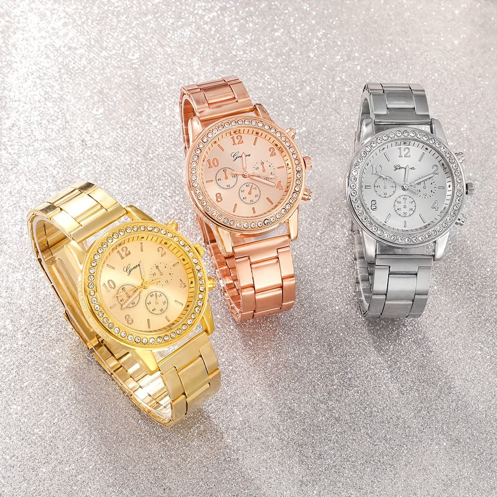 3pcs/set Fashionable Steel Band Watch Set, Exquisite Digital Dial Display Screen, Paired With Alloy Case, Rhinestone Design, Non Waterproof, Exquisite, Elegant, Fashionable Watch Set Combination, Perfect Choice For Giving To Family/Friends/Lovers