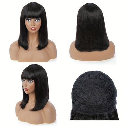 Short Bob Straight Human Hair Wigs With Bangs Natural Color Glueless Full Machine Made Human Hair Wigs 6-14 Inch