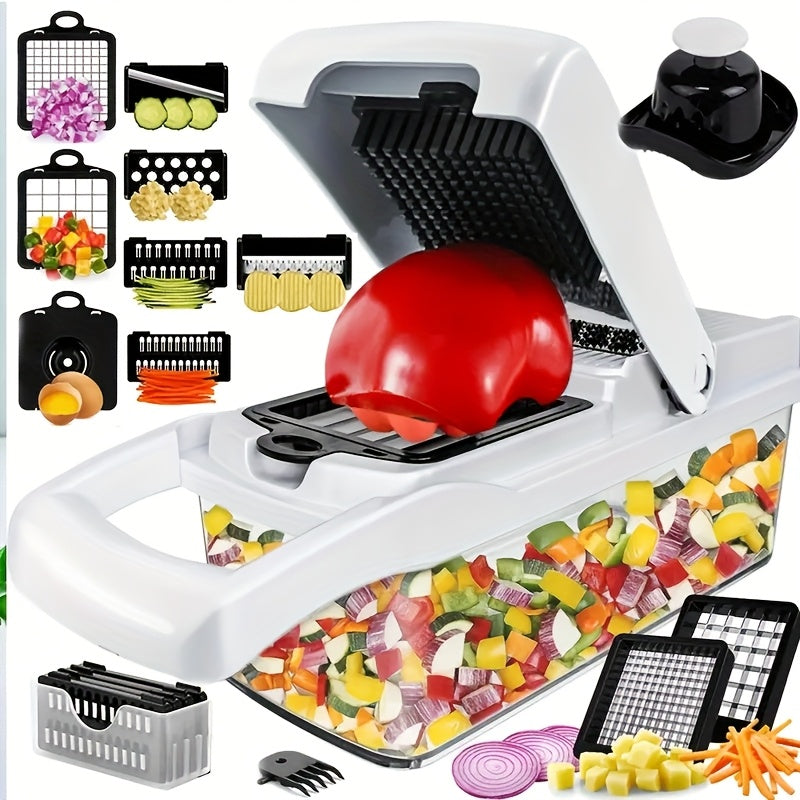 16pcs/26set Multifunctional Vegetable Slicer and Chopper with Interchangeable Blades - Easy to Cut, Dice and Shred Vegetables, Professional Onion Chopping, Suitable for 8 Blades Fast Food Preparation Slicer, Including Container