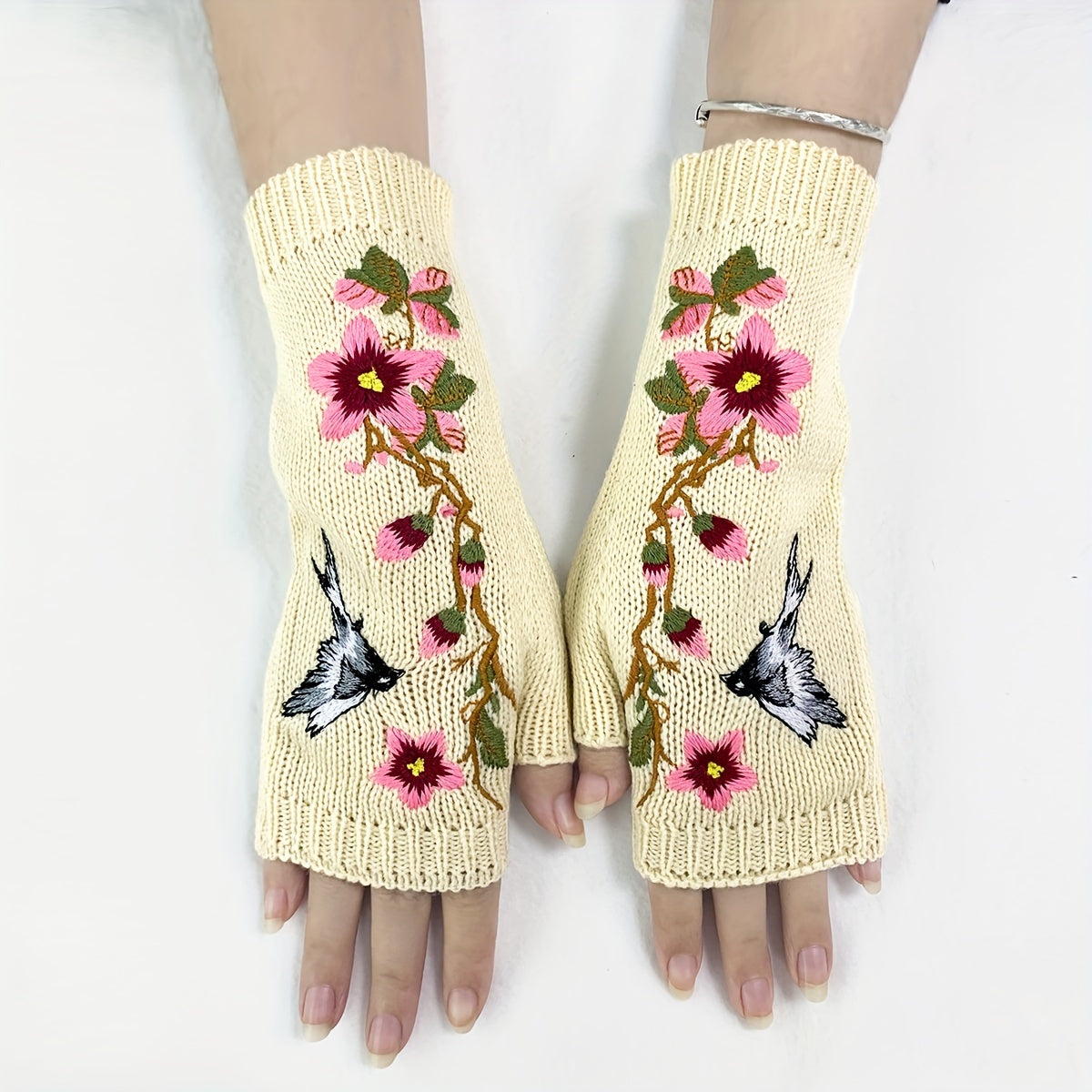 1 Pair of Elegant Women's Fingerless Knit Gloves with Floral & Bird Embroidery - Stretchy, Warm Decorative Beige Gloves for Spring & Autumn, Hand-Washable