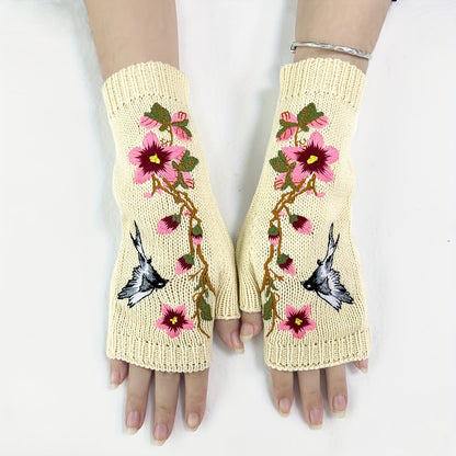 1 Pair of Elegant Women's Fingerless Knit Gloves with Floral & Bird Embroidery - Stretchy, Warm Decorative Beige Gloves for Spring & Autumn, Hand-Washable