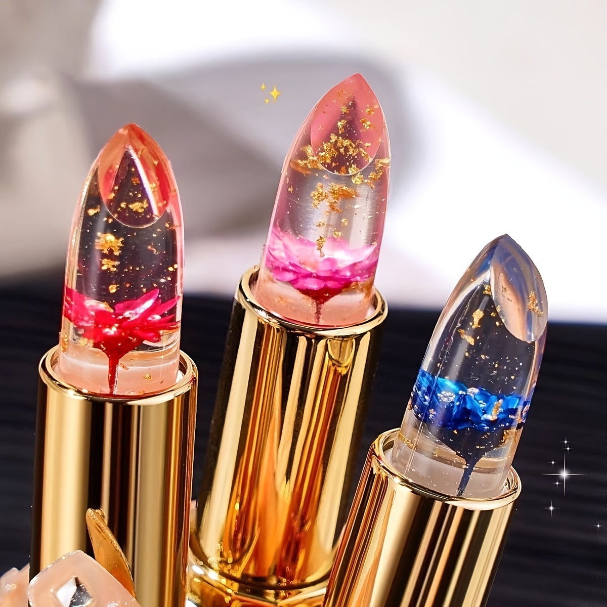 3pcs Flower-Shaped Crystal Gel Lipstick Set - Color Changing with Temperature, Moisturizing & Non-Sticky, 3 Shades, Long-Lasting Hydration