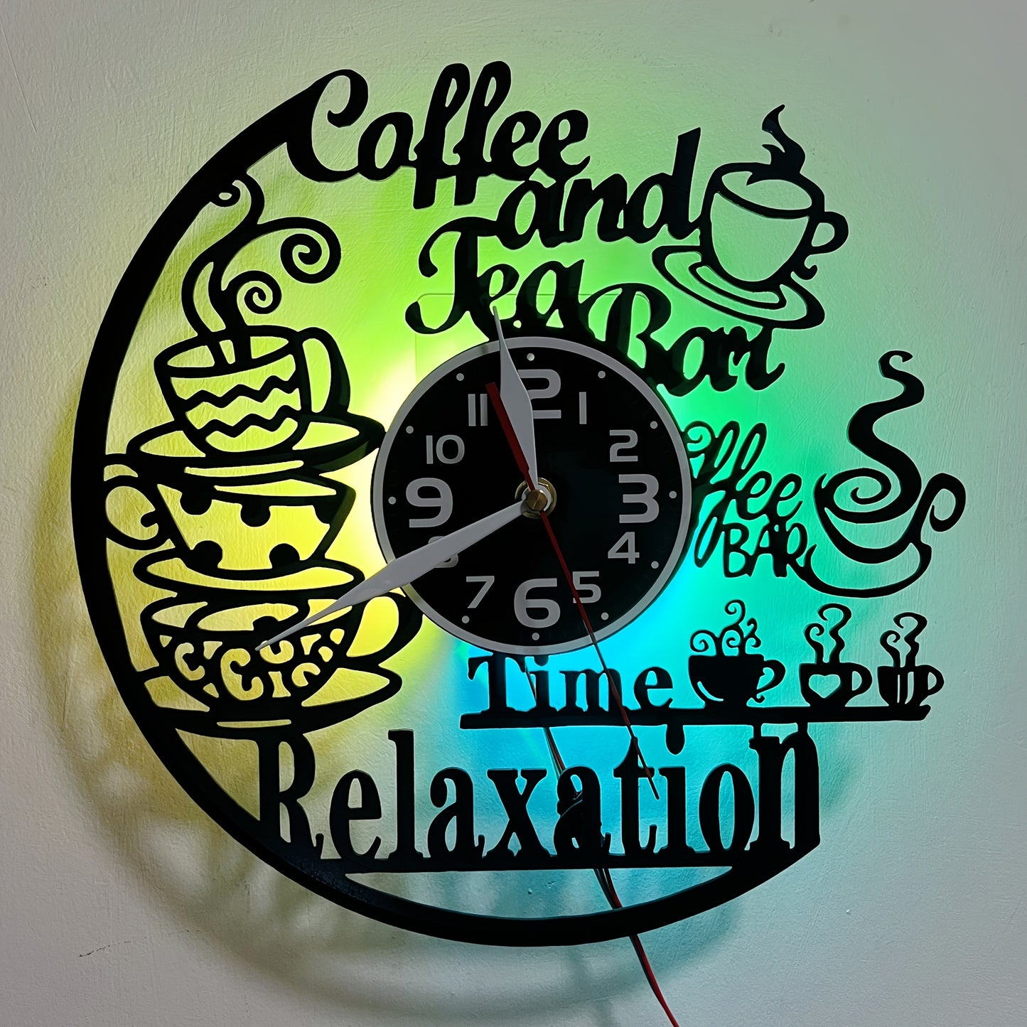 Vinyl Coffee and Tea Bar Themed Wall Clock - Silent, Glowing LED Lights..