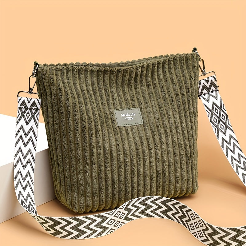 Casual Corduroy Crossbody Bag with Adjustable Strap, Lightweight Polyester Lined, Zipper Closure, Striped Pattern, Hand Washable - Fashionable Shoulder Bag for Daily Commute, Shopping, and Travel