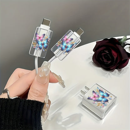 3pcs Colorful Butterfly Pattern Transparent TPU Charger Protector Set for iPhone - Includes 18W/20W Adapter & Cable Head Covers, Durable and Stylish Protection