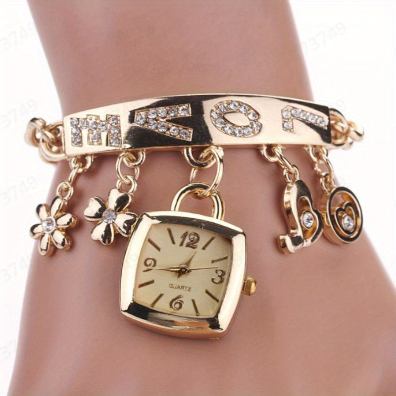 Women's Bracelet Watch LOVE Alphabet Alloy Quartz Watch Flower Decor Tonneau Dress Watch Ladies Exquisite Casual Watch