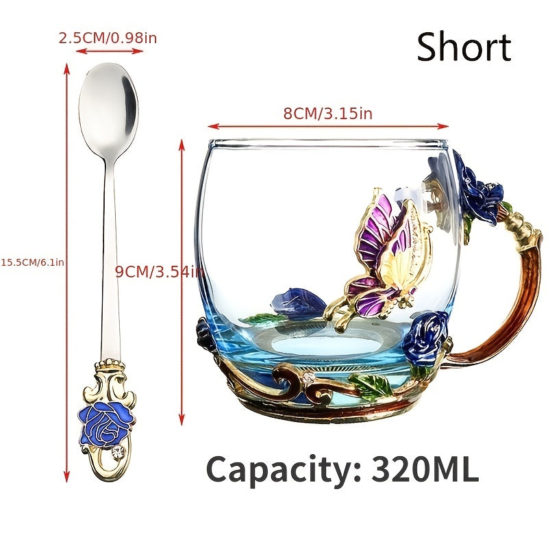 1pc Glass Cup Rose Enamel Crystal Tea Cup, Coffee Mug, Tumbler - Butterfly Rose Painted Flower Design - Clear Glass With Spoon Set - For Tea & Coffee Lovers - Perfect Gift for Mother's Day & Housewarming