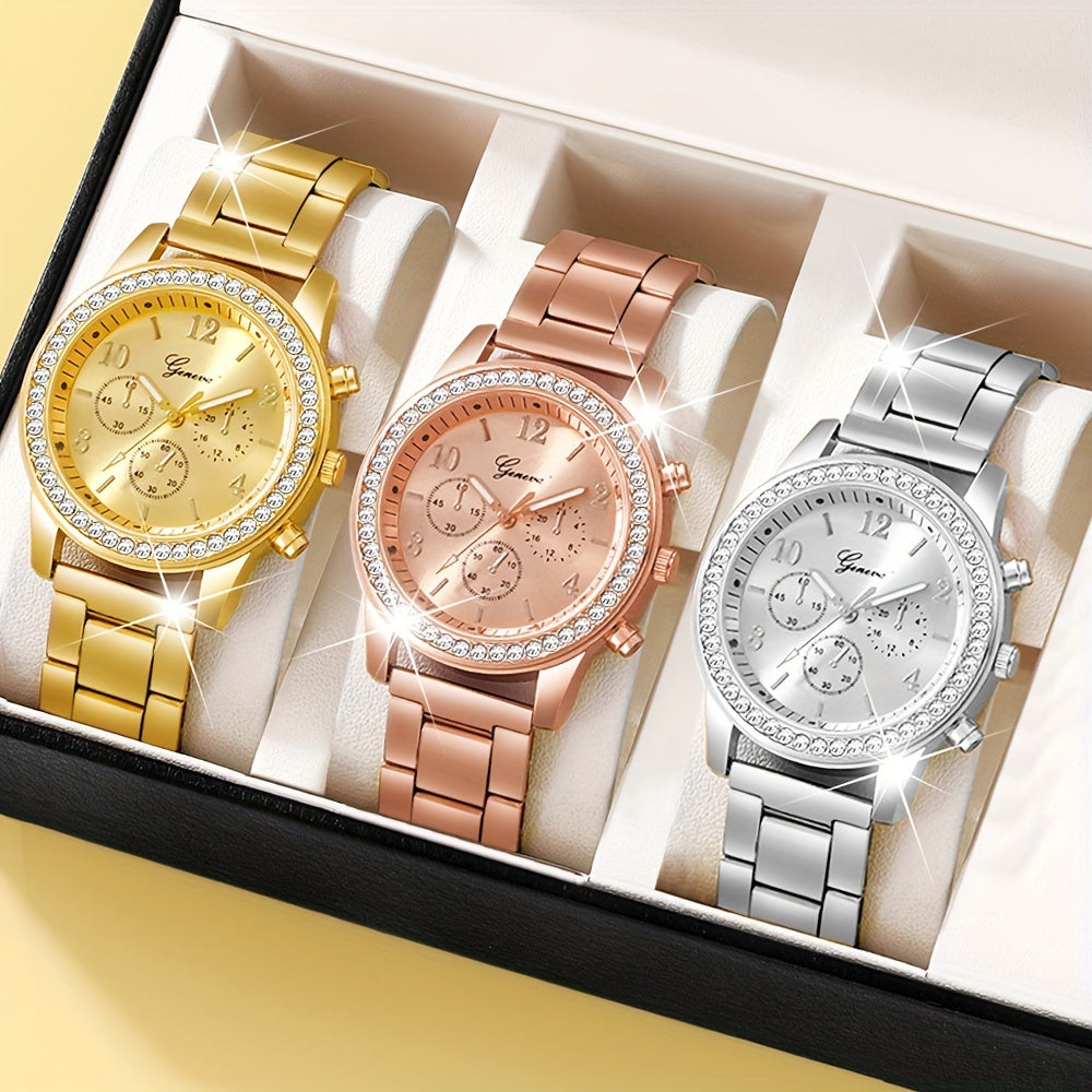 3pcs/set Fashionable Steel Band Watch Set, Exquisite Digital Dial Display Screen, Paired With Alloy Case, Rhinestone Design, Non Waterproof, Exquisite, Elegant, Fashionable Watch Set Combination, Perfect Choice For Giving To Family/Friends/Lovers