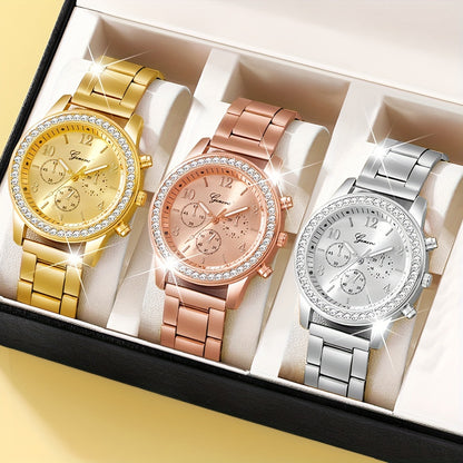 3pcs/set Fashionable Steel Band Watch Set, Exquisite Digital Dial Display Screen, Paired With Alloy Case, Rhinestone Design, Non Waterproof, Exquisite, Elegant, Fashionable Watch Set Combination, Perfect Choice For Giving To Family/Friends/Lovers