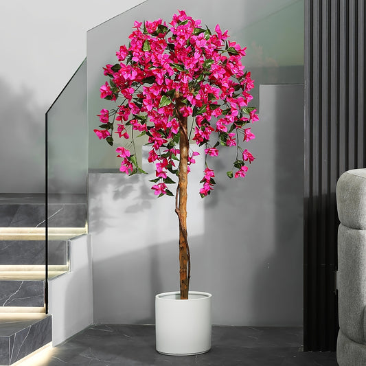 Artificial Bougainvillea Flowers Tree - 4FT/5FT Faux Potted Plants With Wood Trunk And Pink Flowers - For Housewarming Decor - Perfect Gift for Home & Garden Lovers
