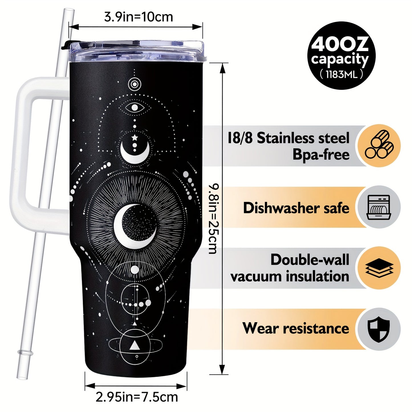 Adiffly 40oz Black Insulated Stainless Steel Tumbler - Gothic & Witch Design, Perfect for Coffee & Water - Halloween Themed - For Men & Women - Ideal Gift for Halloween