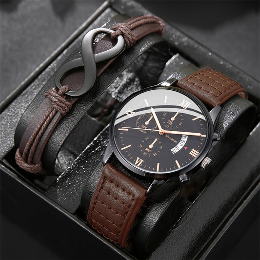 2PCS Men's Casual All-in-one Business Temperament Personality Quartz Watch Bracelet Set
