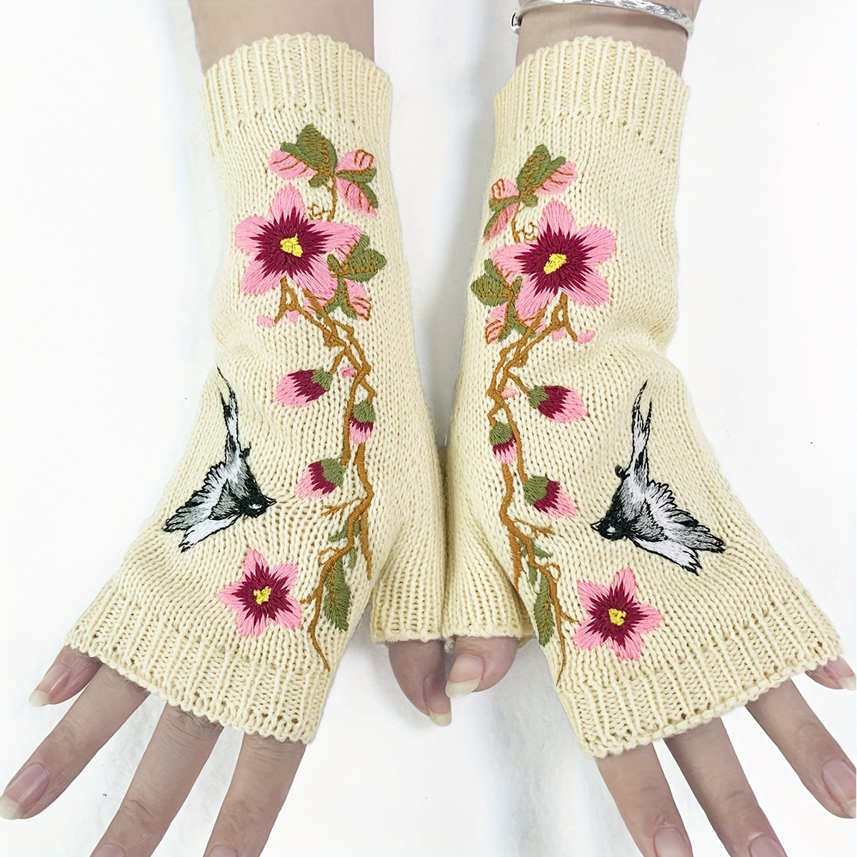 1 Pair of Elegant Women's Fingerless Knit Gloves with Floral & Bird Embroidery - Stretchy, Warm Decorative Beige Gloves for Spring & Autumn, Hand-Washable