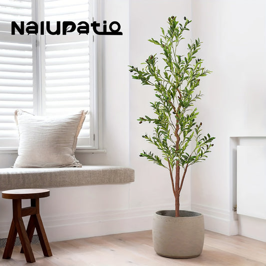 Artificial Olive Tree - Fake Faux Olive Tree With Natural Wood Trunk And Realistic Leaves And Fruits - For Indoor Decor - Modern Home Office Living Room - Perfect Gift for Housewarming
