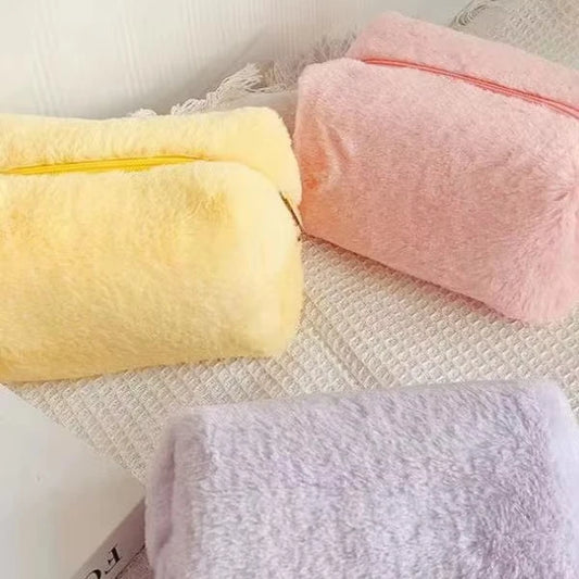Plush Macaron-colored Makeup Bag Sweet Large-capacity Storage Bag Plush Material Zipper Closure Daily-use Medium Cosmetic Bags