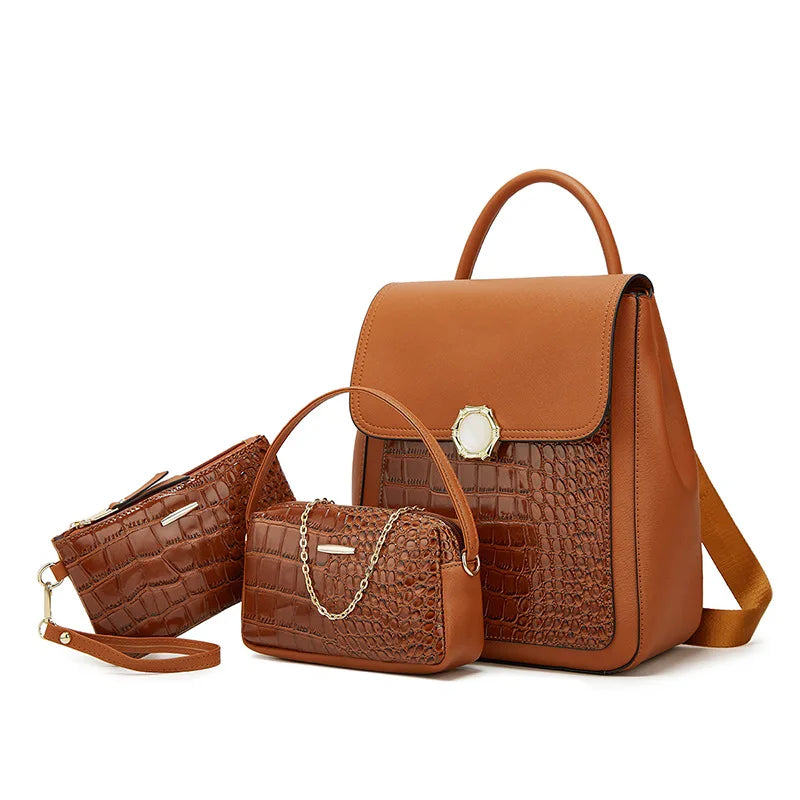 Three Piece Set Crocodile Grain PU Backpack Classic and Versatile Pure Color Handbags Elegant Fashion Bags for Women