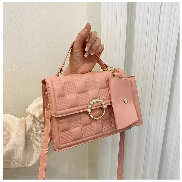2024 New Fashion Solid Color Shoulder Bag Handbag Lattice Zipper Pu Handbags for Women 2 Pcs 1 Set Bags Woman Ladies