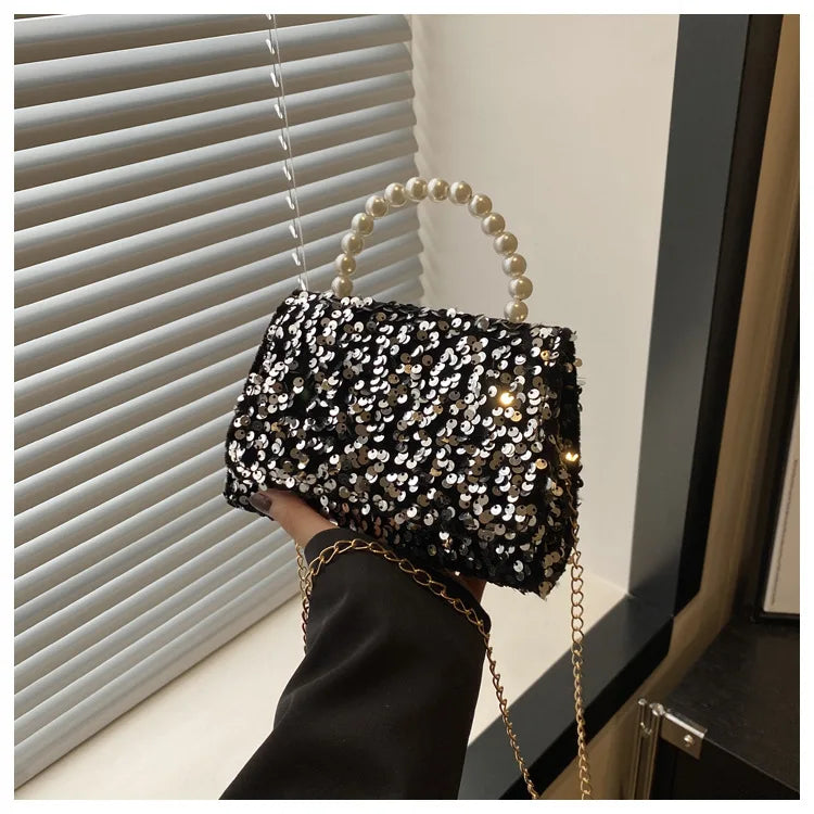 2025 Fashion Hot Selling Pu Bags Chain Designer Women's Bag Shoulder Cross-body Sequins Pearl Handbag Ladies Luxury Evening Bag